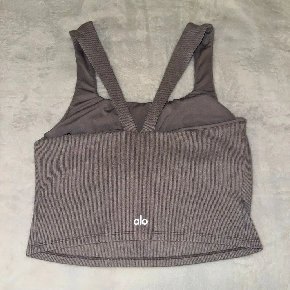 Alo Yoga Women’s Large Ribbed Square Neck Cropped Tank Top Dusty Lilac GUC